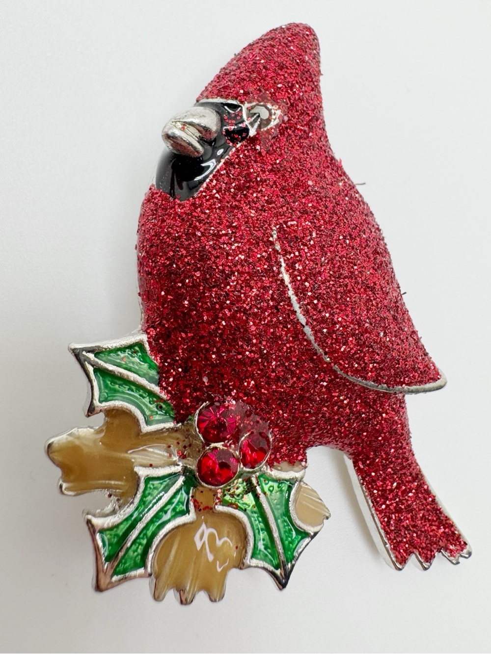 Red Glitter Cardinal Brooch with Green Holly Accent